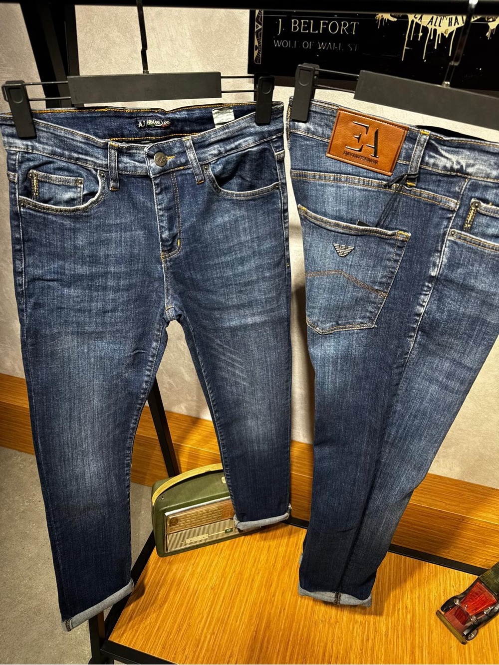 Emporio Armani Men's Slim Dark Blue Jeans with Leather Logo Patch